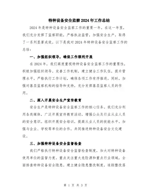 特种设备安全监察2024年工作总结