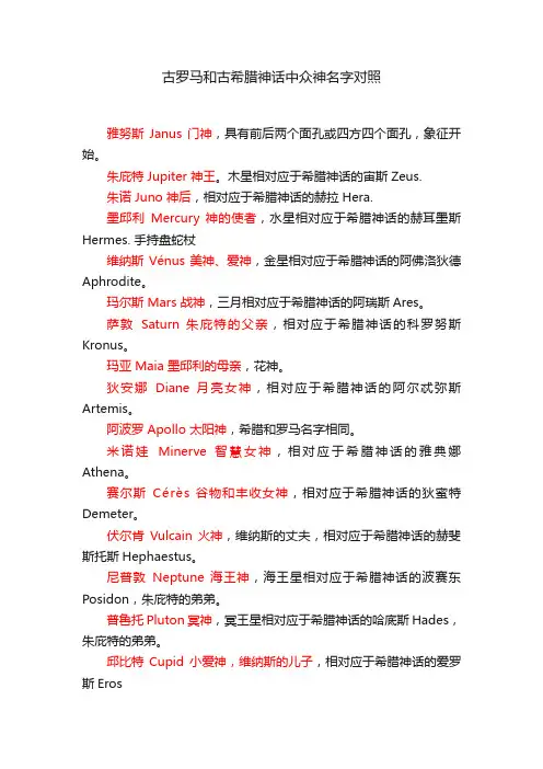 古罗马和古希腊神话中众神名字对照