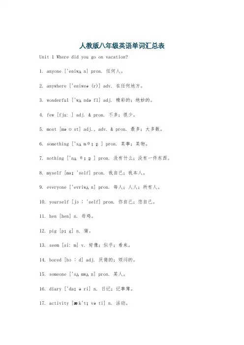 人教版八年级英语单词汇总表