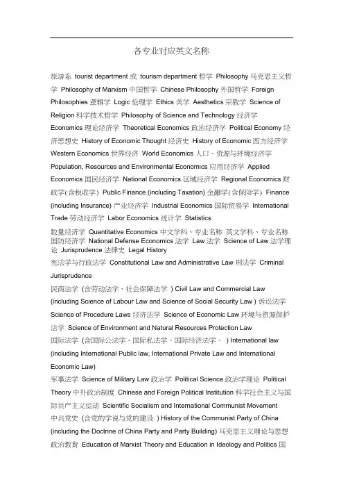 大学各专业对应英文名称