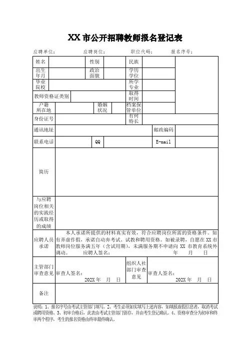 XX市公开招聘教师报名登记表