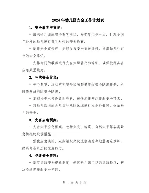 2024年幼儿园安全工作计划表