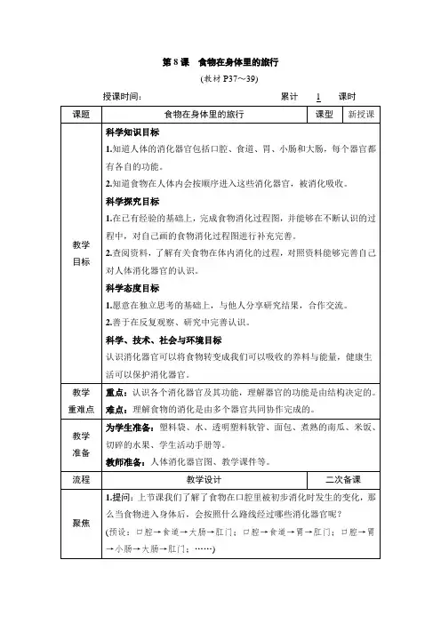 2024小学科学4上教案第8课 食物在身体里的旅行