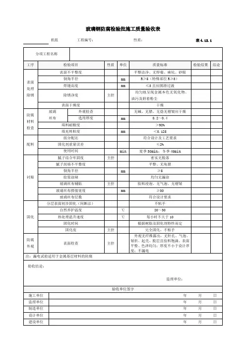 1.玻璃钢防腐检验批施工质量验收表4.12.1