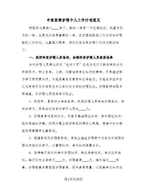 2024年中医医院护理个人工作计划范文(6篇)