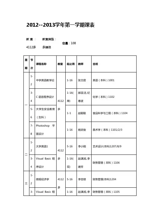 运城学院部分教室课表