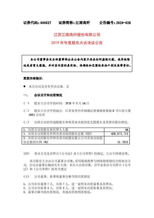 江南高纤：2019年年度股东大会决议公告