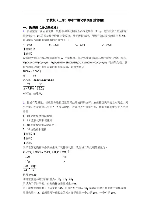 沪教版(上海)中考二模化学试题(含答案)