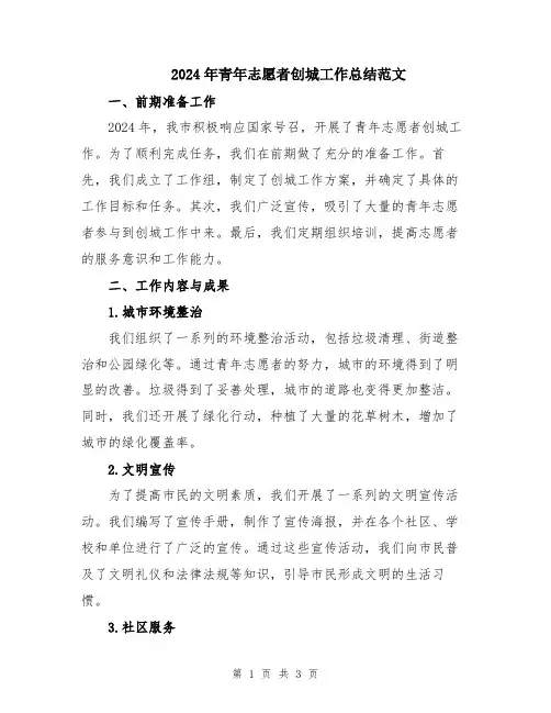 2024年青年志愿者创城工作总结范文