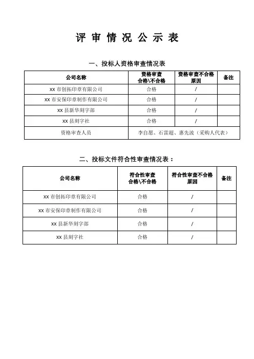 评审情况公示表【模板】