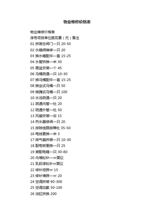 物业维修价格表