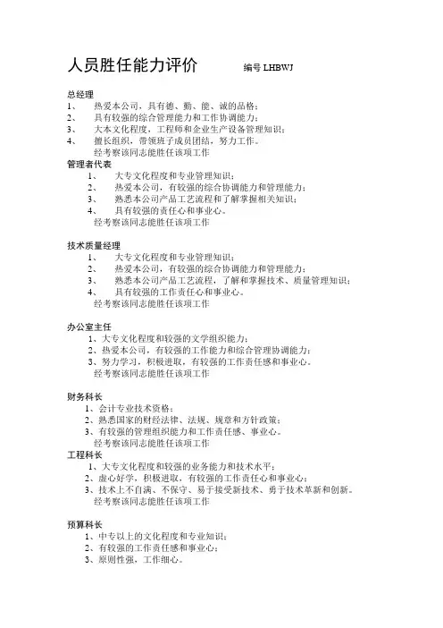 各岗位人员任职要求
