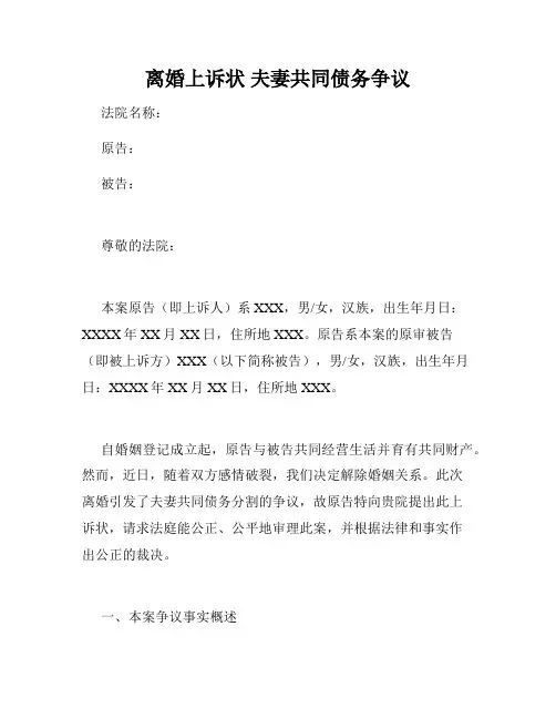 离婚上诉状 夫妻共同债务争议