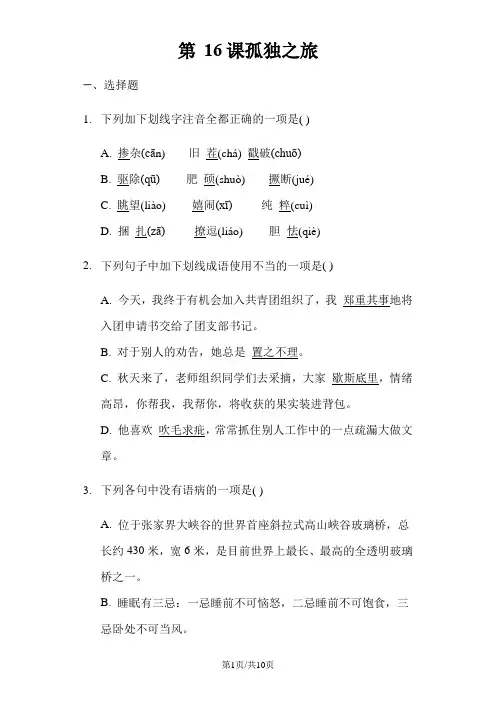 人教部编版九年级上册 第16课 孤独之旅 同步精讲精练(含答案)