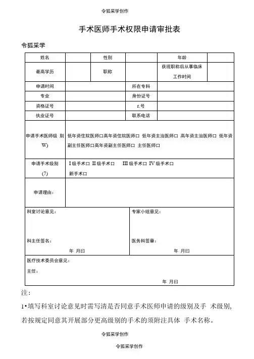 手术权限申请审批表及手术资质授权模板