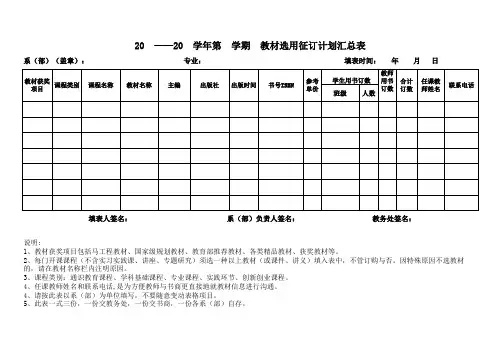 教材选用征订计划汇总表