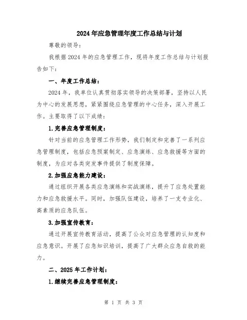 2024年应急管理年度工作总结与计划