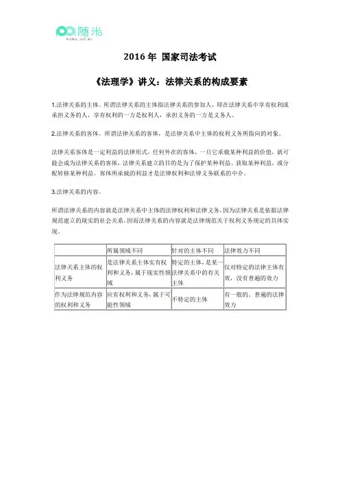2016年 国家司法考试《法理学》讲义：法律关系的构成要素