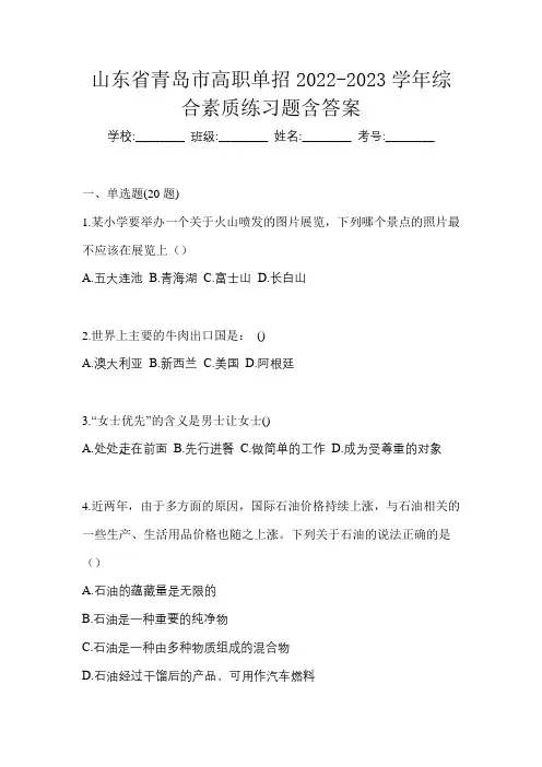 山东省青岛市高职单招2022-2023学年综合素质练习题含答案