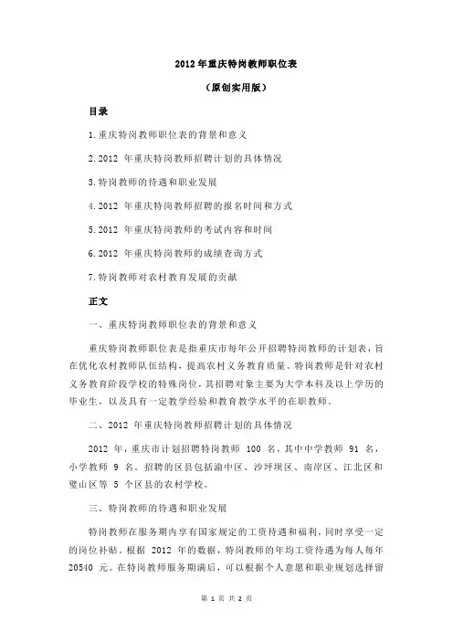 2012年重庆特岗教师职位表