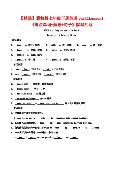 【精选】冀教版七年级下册英语Unit1Lesson1《重点单词+短语+句子》默写汇总