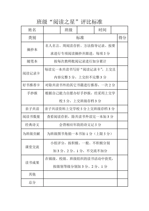 班级“阅读之星”评比标准