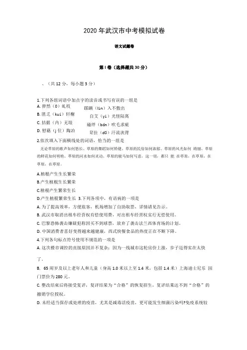2020年武汉语文中考模拟试卷含答案