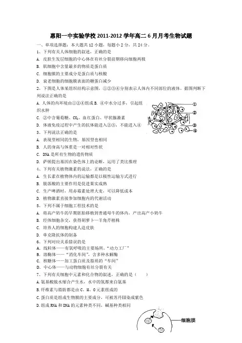 广东惠阳一中实验学校11-12学年高二6月月考-生物汇总