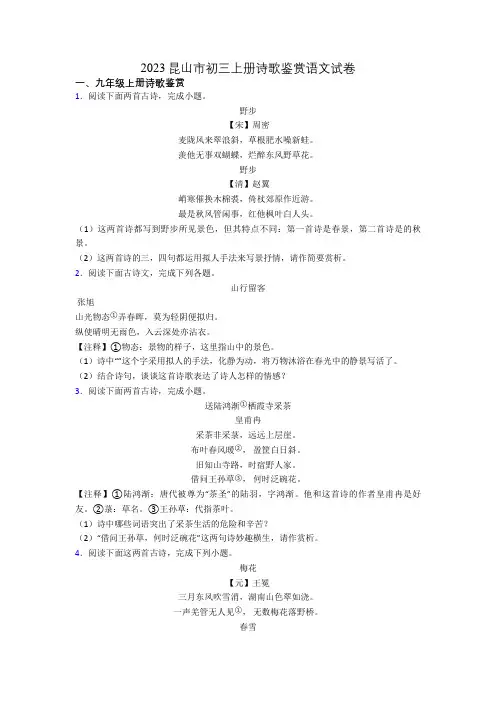 2023昆山市初三上册诗歌鉴赏语文试卷