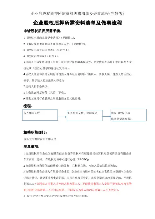 公司的股权质押所需材料表格清单及办事流程(完整版)