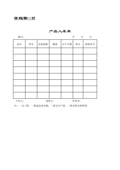 财务表格产品入库单