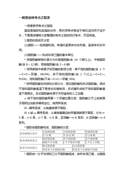 一级营养师考点之脂类