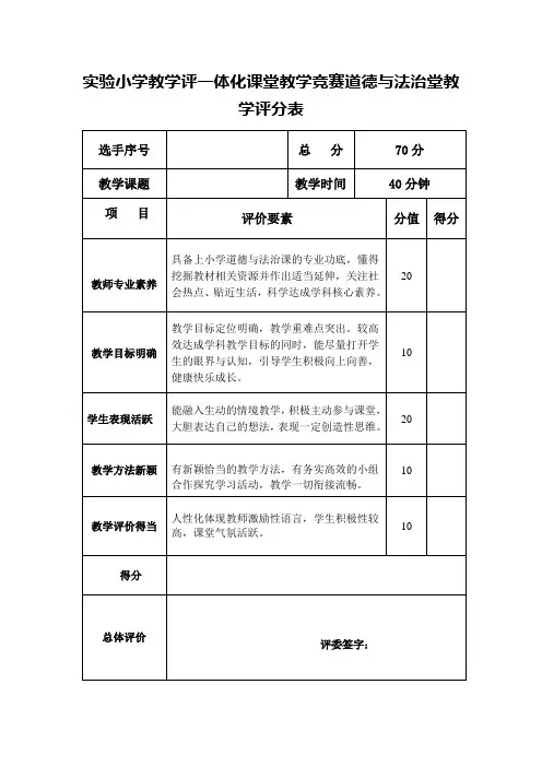 实验小学教学评一体化课堂教学竞赛道德与法治堂教学评分表