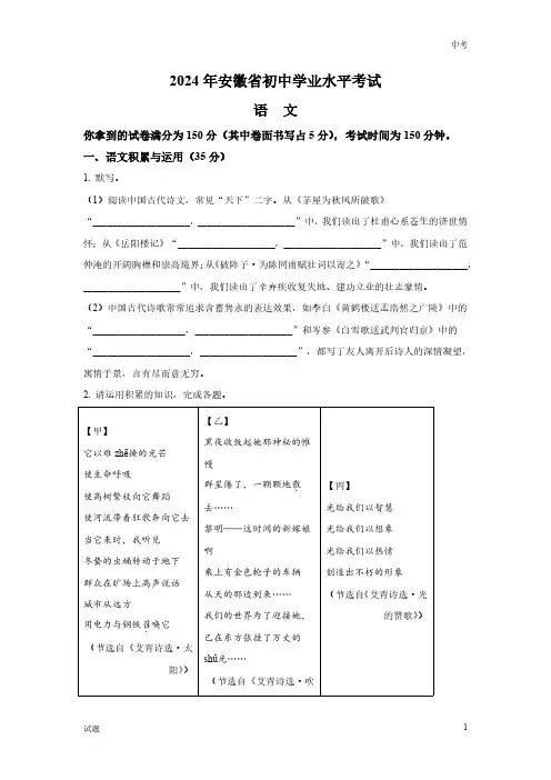 2024年安徽省中考语文真题卷及答案解析