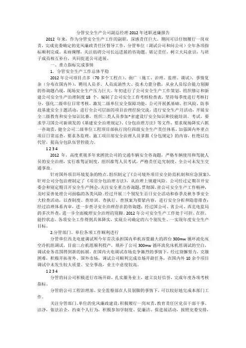 分管安全生产公司副总经理2012年述职述廉报告