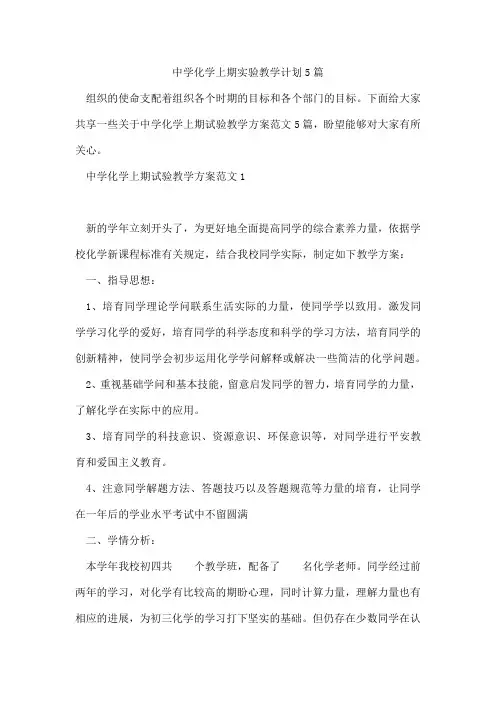 中学化学上期实验教学计划5篇