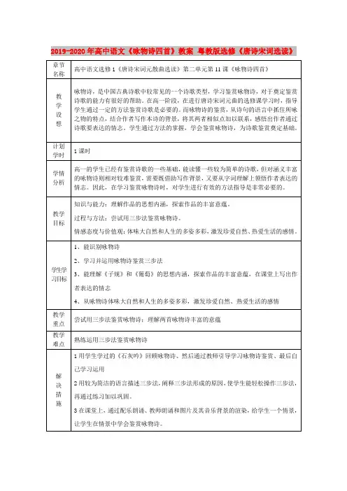 2019-2020年高中语文《咏物诗四首》教案 粤教版选修《唐诗宋词选读》