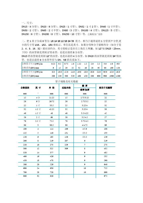 管道尺寸对照
