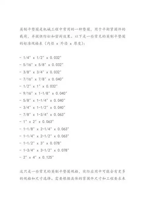 英制平垫圈标准规格表