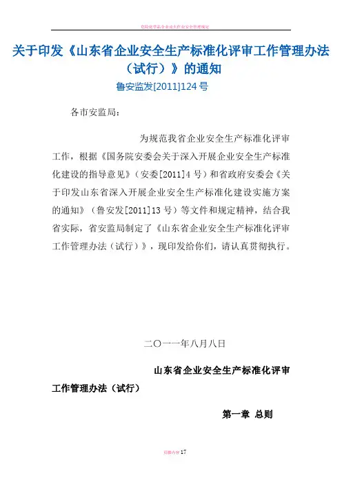 山东省企业安全生产标准化评审工作实施办法(试行)