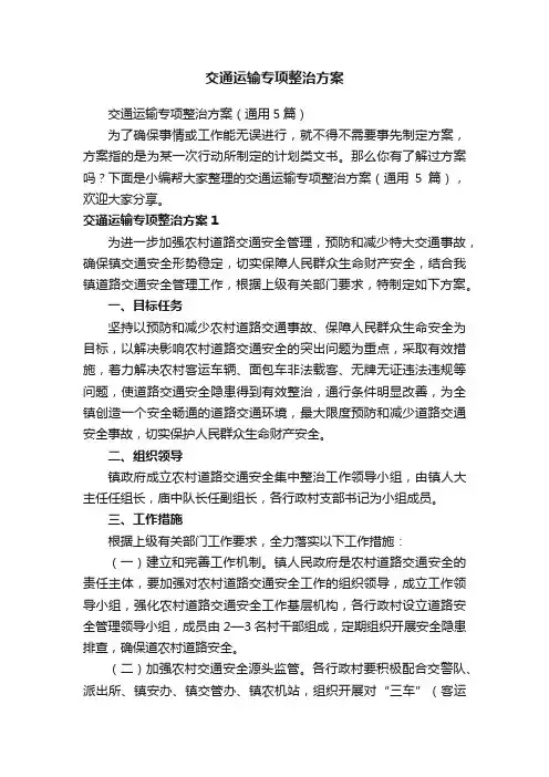 交通运输专项整治方案（通用5篇）