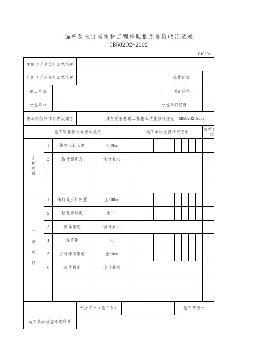 锚杆及土钉墙检验批质量验收记录表