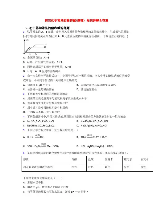初三化学常见的酸和碱(基础) 知识讲解含答案