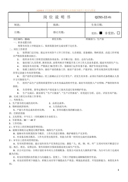 五金工艺生产部岗位说明书