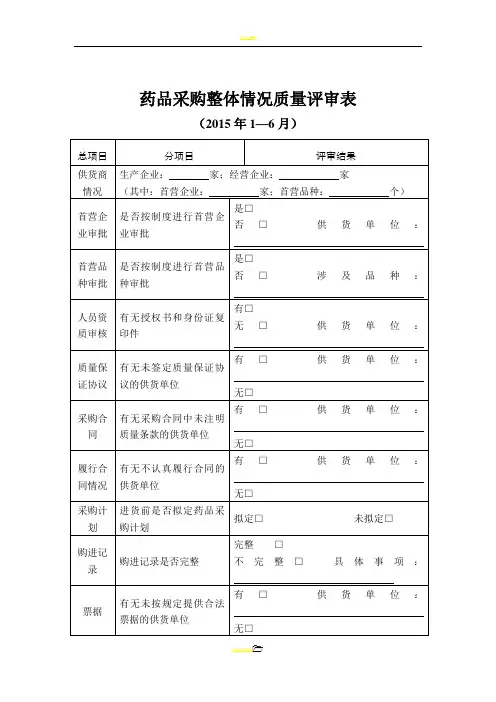 GSP药品采购整体情况质量评审表