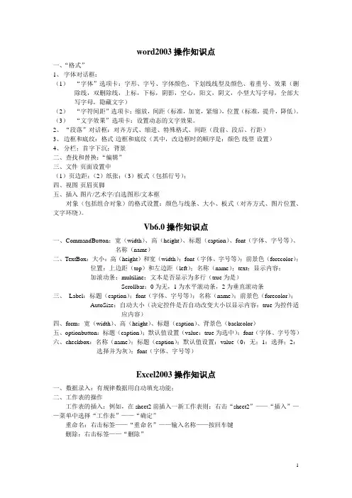 word2003、excel2003及vb6.0操作知识点