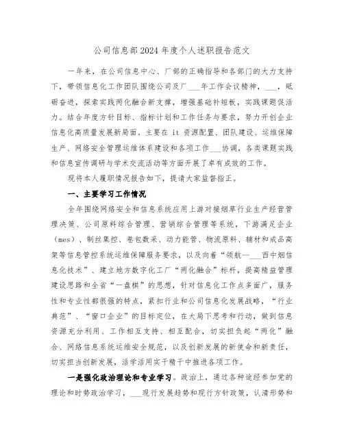 公司信息部2024年度个人述职报告范文(2篇)