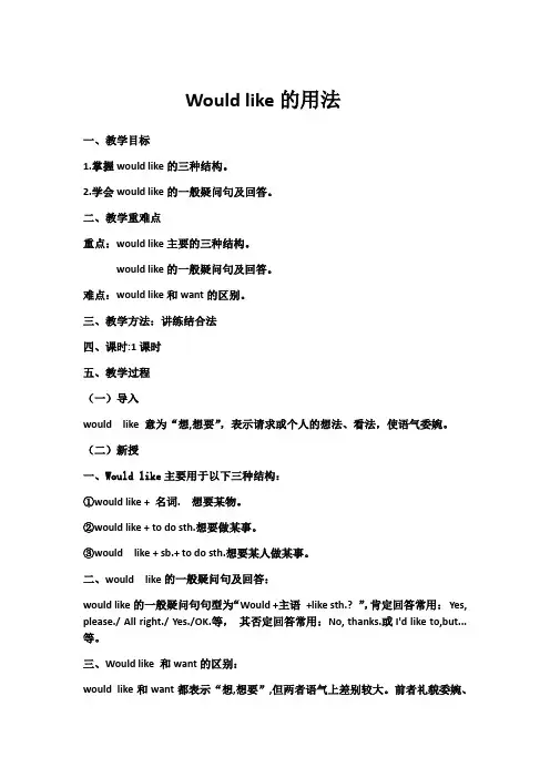 英语人教版七年级下册would like的用法