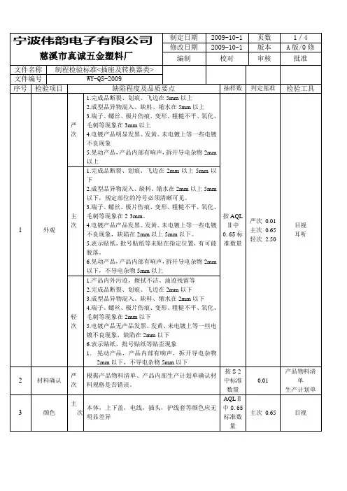 制程检验标准(插座及转换器)