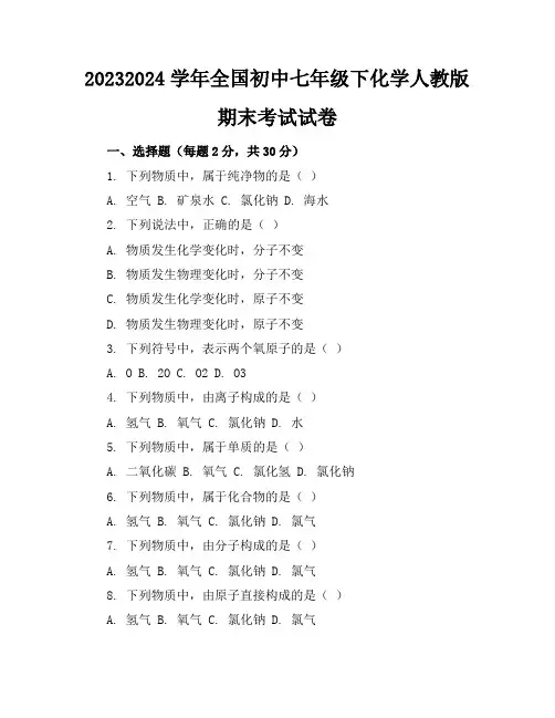 2023-2024学年全国初中七年级下化学人教版期末考试试卷(含答案解析)